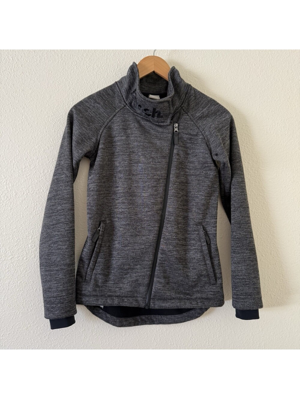 Bench Women's Asymmetric Jacket Sz XS/4 Bonded Fleece Marled Charcoal Thumbholes